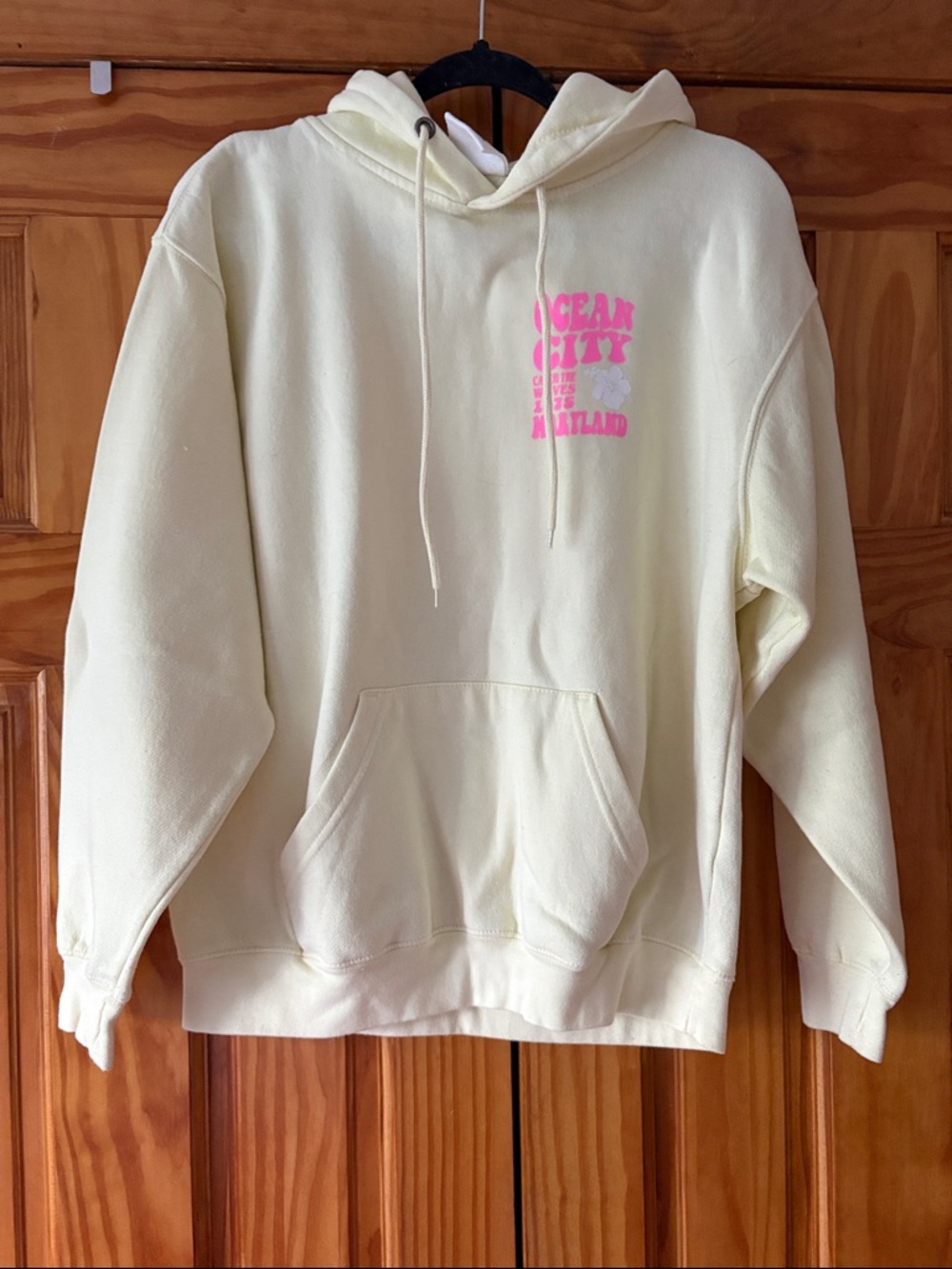 Cream Pullover Hoodie with Pink Chest Graphic
